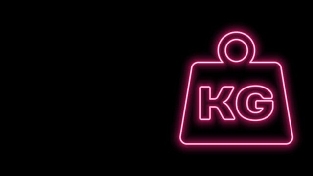 Glowing neon line Weight icon isolated on black background. Kilogram weight block for weight lifting and scale. Mass symbol. 4K Video motion graphic animation