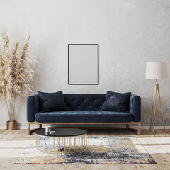 Blank frame mock up on wall in modern living room luxury interior design with dark blue sofa, decorative rug, floor lamp and stylish decoration, 3d rendering