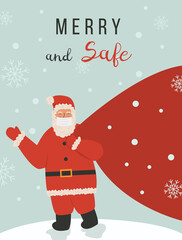 Cute Santa Claus standing on winter background with snowflakes and holds a huge bag with gifts behind his back and wearing protective face mask. Merry and Safe caption. Holiday vector illustration.