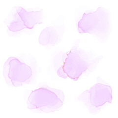 Watercolor Pink Splashes Set. Alcohol Ink Texture. Abstract Colorful Background. Hand Painted Watercolor Texture