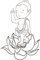 Buddha's mother standing under the cannon Ball Tree with little Lord Buddha is Born and standing on seven Lotus flower