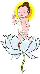 Buddha's mother standing under the cannon Ball Tree with little Lord Buddha is Born and standing on seven Lotus flower