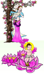 Buddha's mother standing under the cannon Ball Tree with little Lord Buddha is Born and standing on seven Lotus flower