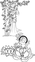 Buddha's mother standing under the cannon Ball Tree with little Lord Buddha is Born and standing on seven Lotus flower