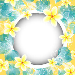 Round frame with delicate blue and yellow flowers. Vector illustration