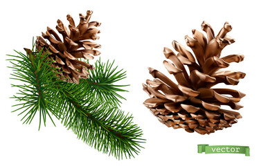 Pine cone christmas decoration 3d realistic vector icon