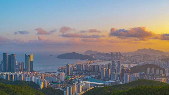   South Korea landscapes during sunset at Busan city  with Gwangalli Beach and Gwangan Bridge. or Diamond Bridge.of South Korea best landmark in busan city,South Korea.