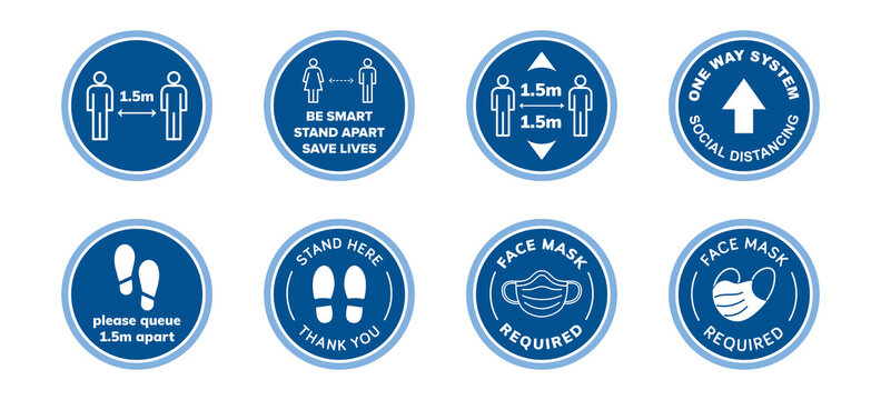 Covid-19 Social Distancing Sign icons set 1.5m Metre Distance and Face Mask Required / Must Be Worn. Floor sticker or signs flat icon infographic such as one way system, stand apart, facemask 