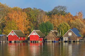 Fototapeta na wymiar Bootshäuser bei Röbel an der Müritz in Mecklenburg-Vorpommern. Mit Spiegelung im Wasser und mit Bäumen im Herbstlaub.