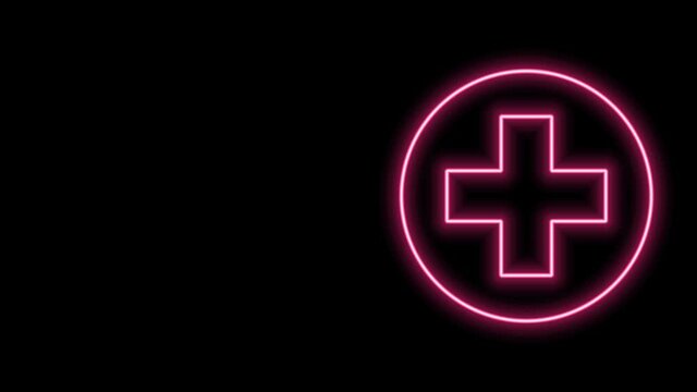 Glowing neon line Medical cross in circle icon isolated on black background. First aid medical symbol. 4K Video motion graphic animation