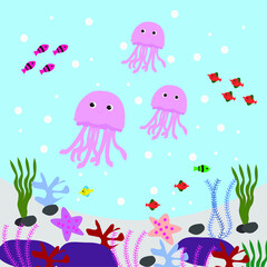 Illustration graphique de vecteur de dessin animé sous-marin de méduses du monde de l& 39 eau.