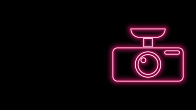 Glowing neon line Car DVR icon isolated on black background. Car digital video recorder icon. 4K Video motion graphic animation