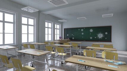 Fototapeta na wymiar Empty Classroom with Face Masks on the Desks and Virus Drawings on the Chalkboard in Natural Daylight 3D Rendering