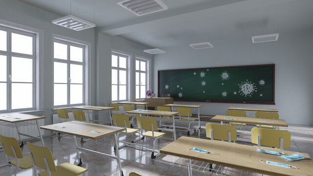 Empty Classroom with Face Masks on the Desks and Virus Drawings on the Chalkboard in Natural Daylight 3D Rendering
