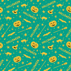 Seamless Halloween pattern with pumpkins, cats, bats, lettering, witch's hat, broom and stars.