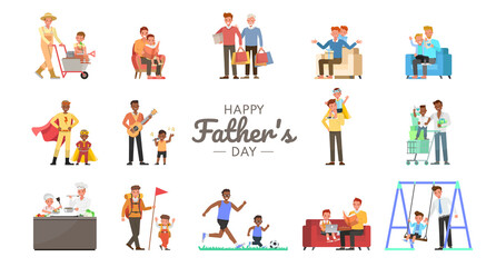 Set of Happy father and son character vector design for father's Day concept. Presentation in various action with emotions, running, standing and walking.