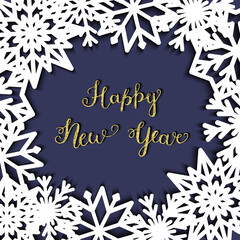 New Year, Christmas banner with lettering "Happy New Year" and white snowflakes.