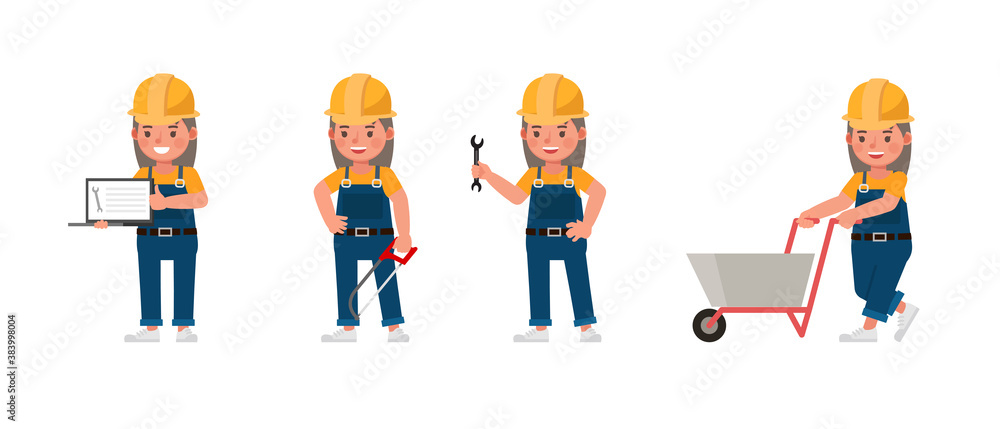 Poster young builder kid in blue uniform vector character design. presentation in various action with emoti