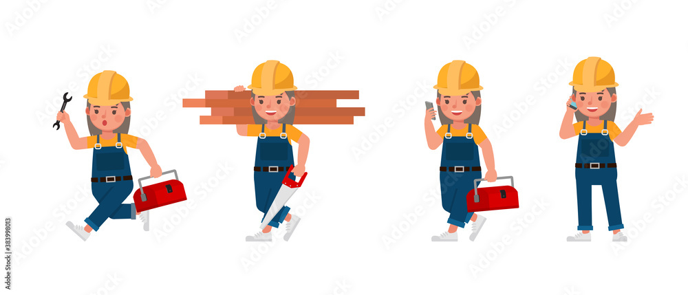 Poster young builder kid in blue uniform vector character design. presentation in various action with emoti