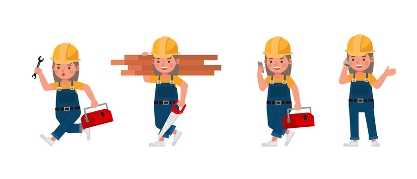 Young builder kid in blue uniform vector character design. Presentation in various action with emotions.