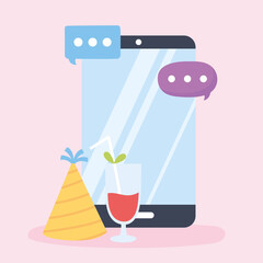 Fototapeta premium online party smartphone cocktail hat talk bubbles