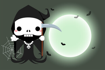 Halloween Cute cartoon grim reaper character. Vector illustration