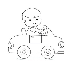 Little Boy Driving Car Outline Coloring Book for Kid Illustration Vector.