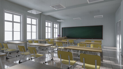 Fototapeta na wymiar Empty Classroom with a Green Chalkboard in Natural Daylight 3D Rendering