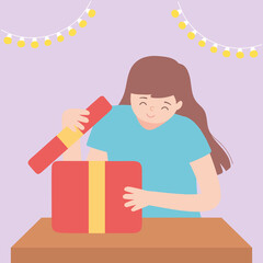 happy woman opening gift box with light decoration party