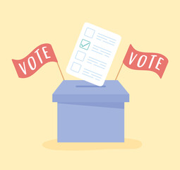 election day, paper in the ballot box and flags