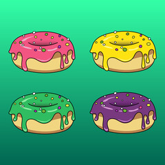 Vector illustration set of multicolour donuts on 
turquoise background. Textile, cover, sticker, website, application