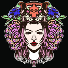 Neo Traditional Tattoo style, Native American girl with Tiger headdress Lineart old school tattoo