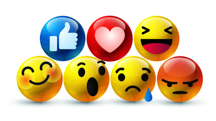 Obraz premium high quality 3d vector round yellow cartoon bubble emoticons for social media Facebook chat comment reactions, icon template face tear, smile, sad, love, like, Lol, laughter emoji character message