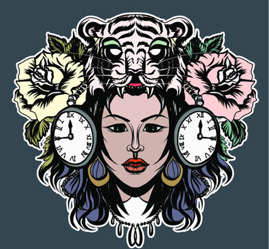 Native American girl with Wolf headdress full color.Tattoo Women set. Isolated flash of classic women tattoo vectors.Native American girl with Tiger headdress Lineart old school tattoo