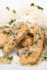Creamy Herb Mushroom Chicken with steamed rice, dill and parsley closeup shot
