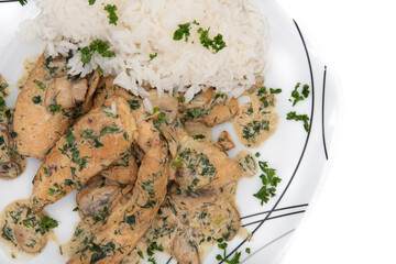 Creamy Herb Mushroom Chicken with steamed rice, dill and parsley  from above
