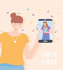 online party, woman with smartphone talking friend by internet celebration party