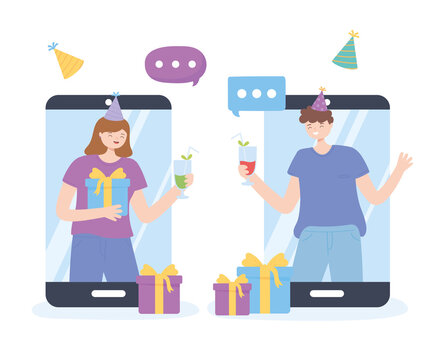 online party, man and woman in smartphone connection celebrating meeting
