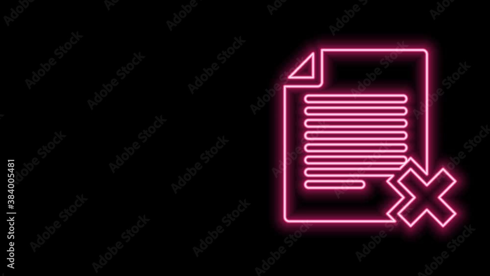 Poster glowing neon line delete file document icon isolated on black background. rejected document icon. cr