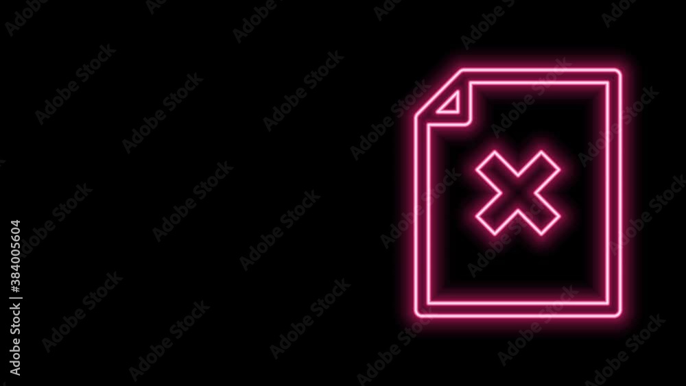 Poster glowing neon line delete file document icon isolated on black background. rejected document icon. cr