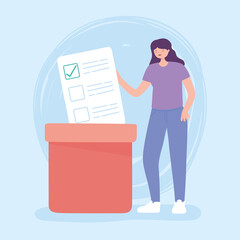 election day, young woman with ballot pushing in box