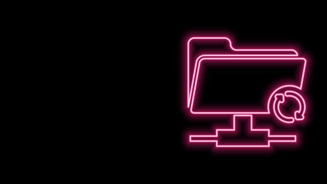 Glowing neon line FTP sync refresh icon isolated on black background. Software update, transfer protocol, router, teamwork tool management, copy process. 4K Video motion graphic animation