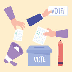 election day, hands with ballot speaker box and pencil icons
