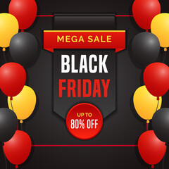 Black friday badge sale banner with balloon in square background design