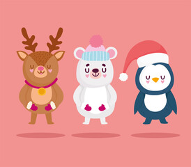 merry christmas, cute bear penguin reindeer animals celebration card