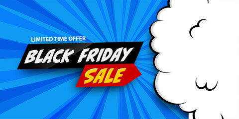 3d comic book cartoon black friday sale banner. Vector layout banner on halftone radial blue background. Cartoon puff cloud for Black Friday design.