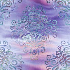 Shiny damask pattern on wavy satin like material. High quality illustration. Graceful smooth fluid background design with classic damask hand drawn pattern overlay. Vivid glowing trendy backdrop.