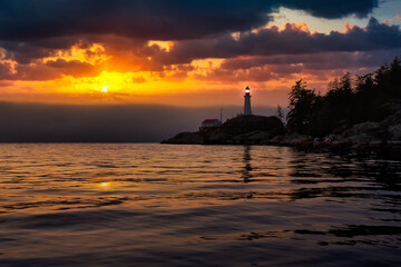 View of the Lighthouse Park. Dramatic Colorful Sunset Artistic Render. Taken in Horseshoe Bay, West Vancouver, British Columbia, Canada.