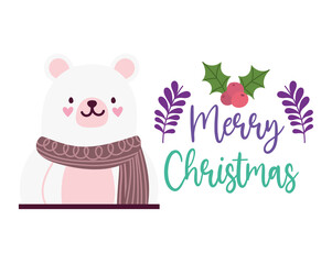 Obraz na płótnie Canvas merry christmas, cute bear with scarf card for greeting