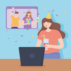 online party, happy woman with cocktail with laptop, friends smartphone celebrating